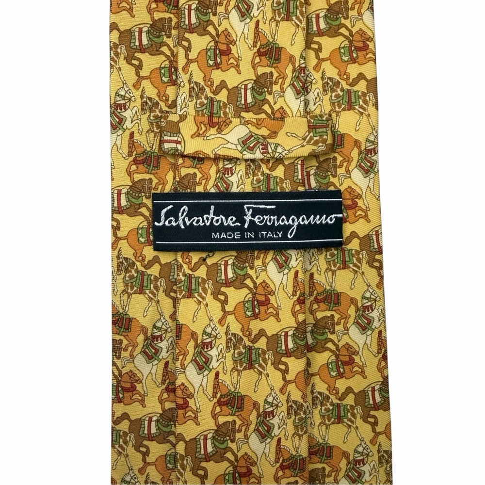 Salvatore Ferragamo Men's Tie Horses Mustard Yellow Silk 3.75" (W) x 60" (L) guc